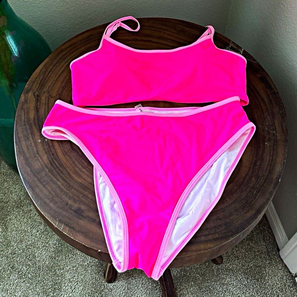 Women’s Pink Solid 2-Piece Bikini Swimsuit Spaghetti Straps SW2